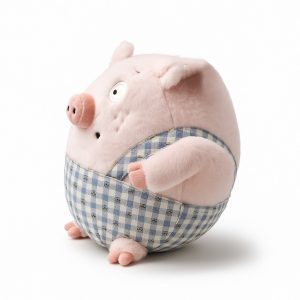 عروسک خوک فانتزی ۳۰ سانتی‌متر با لباس چهارخانه آبی – پولیشی نرم و ضد حساسیت