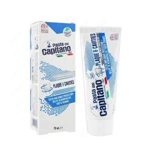 جعبه و تیوب خمیردندان Pasta del Capitano مدل Plaque & Cavities با حجم 75 میلی‌لیتر، دارای 2 Fluoride Salts و Sulfetal Zn®